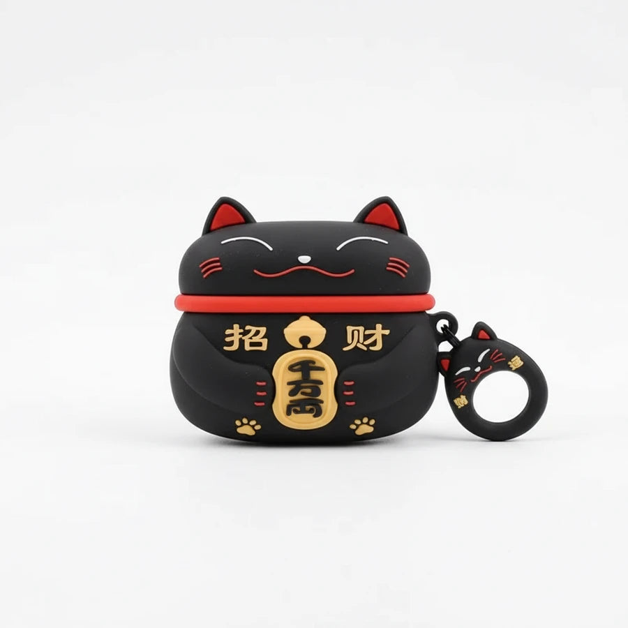 Black cat-shaped air pod case with red ribbon and gold text on a white background