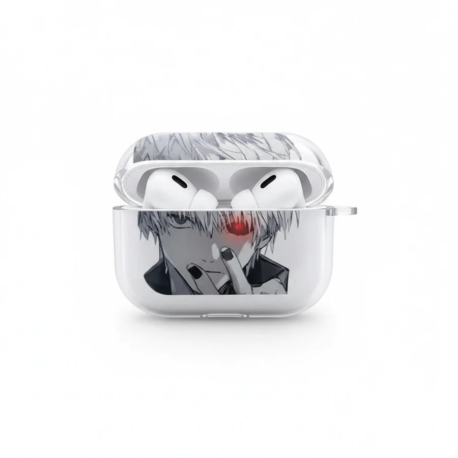 Wireless earbuds in a case with an anime character design on a white background