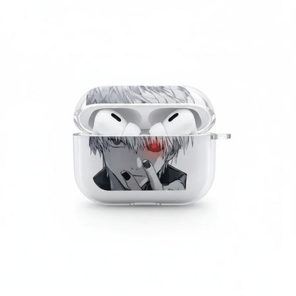 Wireless earbuds in a case with an anime character design on a white background