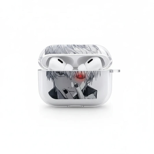 Wireless earbuds in a case with an anime character design on a white background
