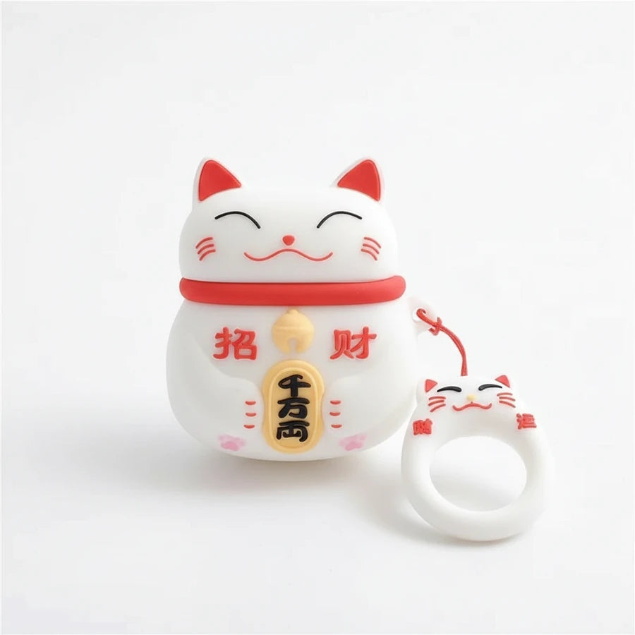 Maneki-neko cat-shaped product with a small ring on a white background
