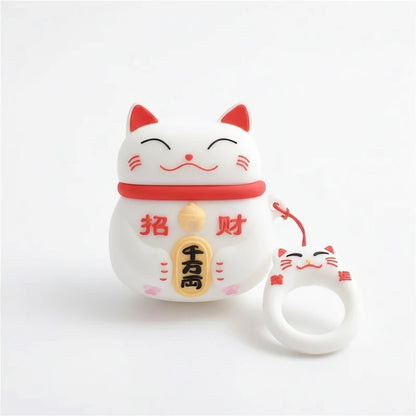 Maneki-neko cat-shaped product with a small ring on a white background