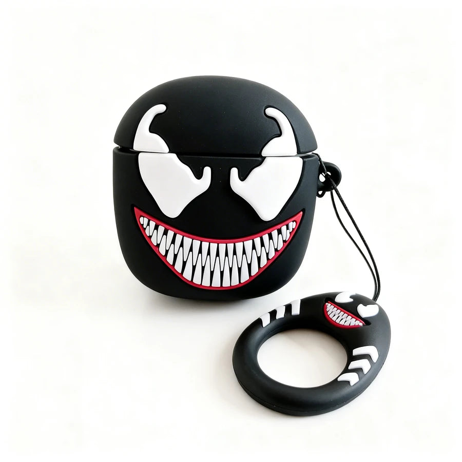 Black airpod case with a smiley face design on a white background
