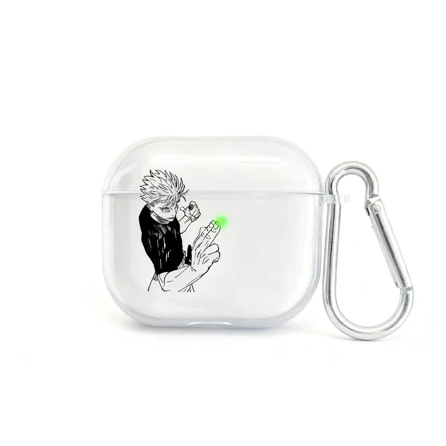 Clear air pod case with an illustration of a character holding a vape on a white background