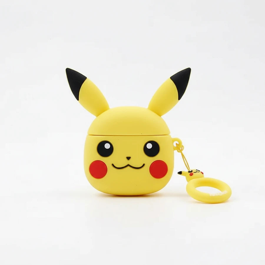 Yellow Pikachu-shaped air pod case with a keychain on a white background
