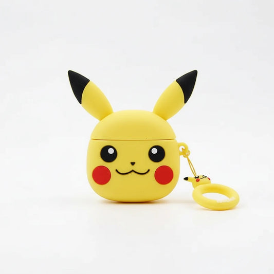 Yellow Pikachu-shaped air pod case with a keychain on a white background