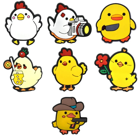 Set of cartoon chicken and duck characters with various poses and accessories croc charms on a white background.
