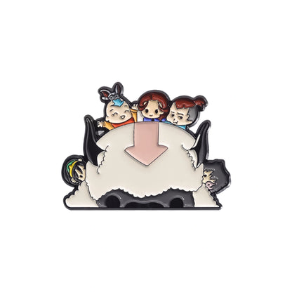 Enamel pin with cartoon characters on a white background