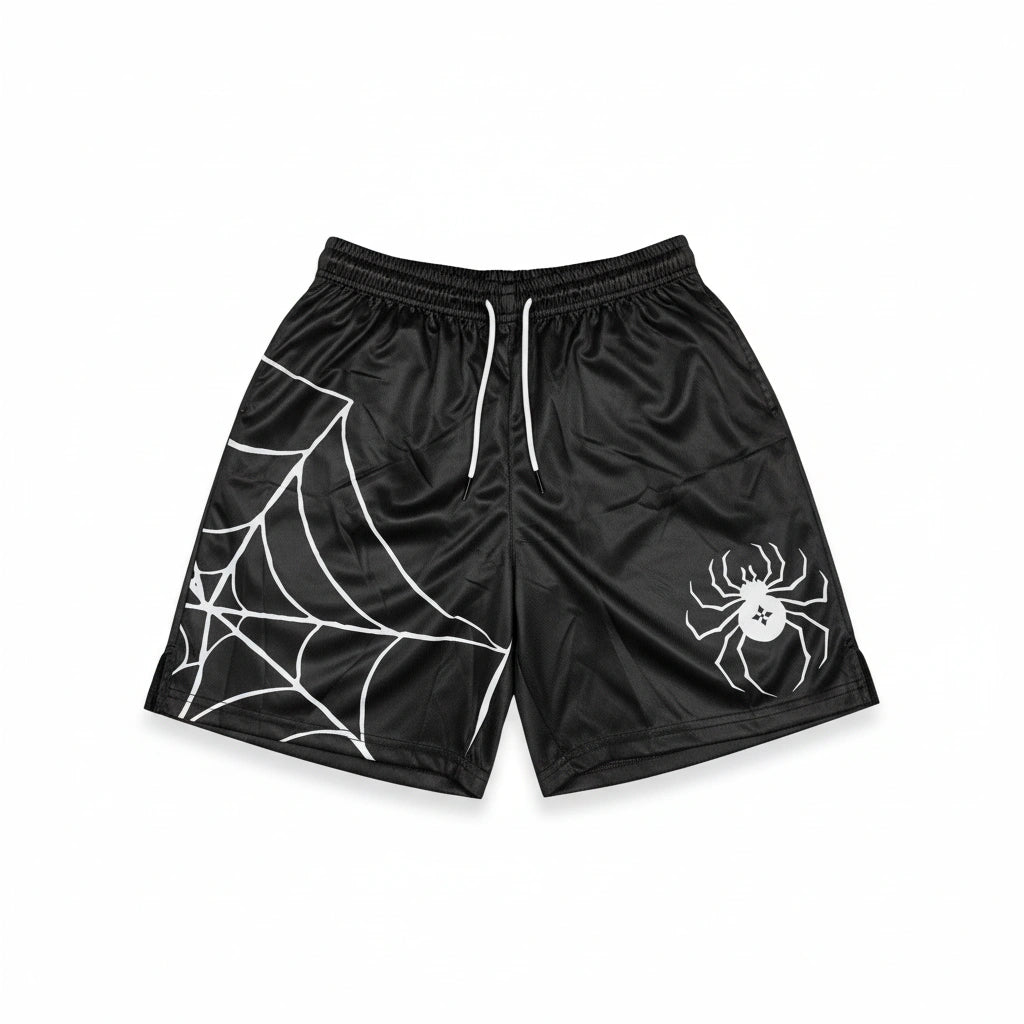 Black shorts with white spider and web design on a white background