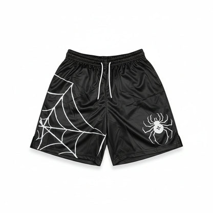 Black shorts with white spider and web design on a white background