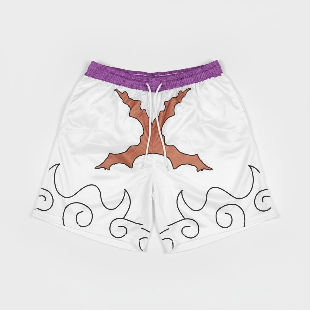 White shorts with brown tree design and purple waistband on a white background