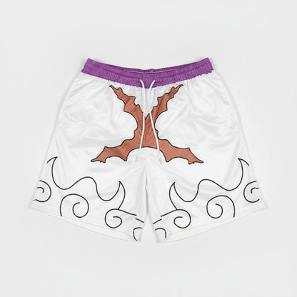 White shorts with brown tree design and purple waistband on a white background