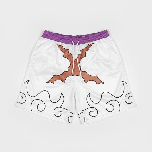 White shorts with brown tree design and purple waistband on a white background