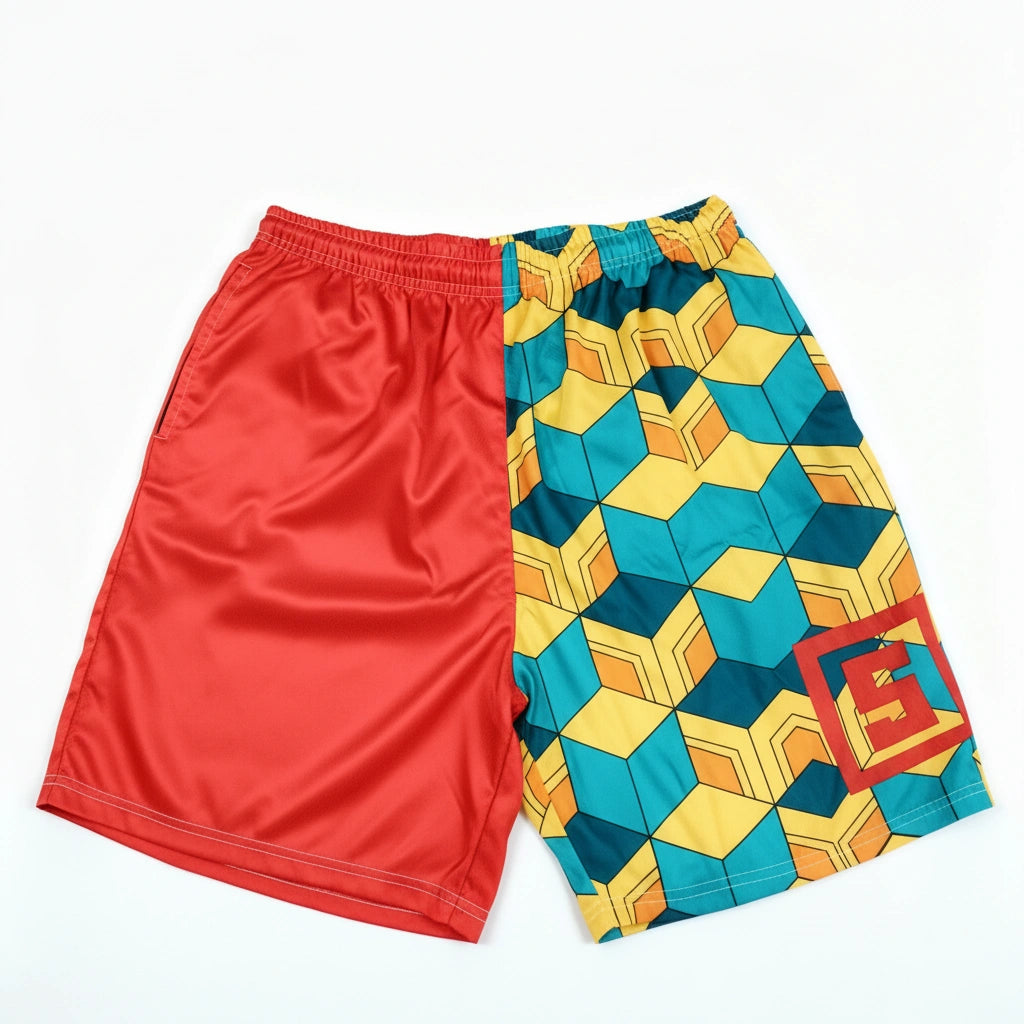 Colorful shorts with geometric pattern on a white background