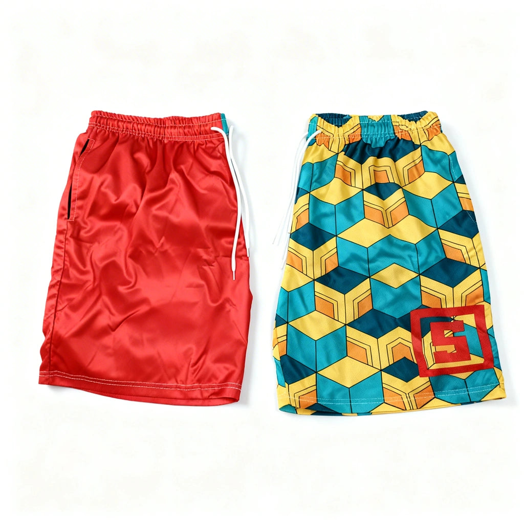Red shorts and a colorful geometric-patterned shorts on a white background