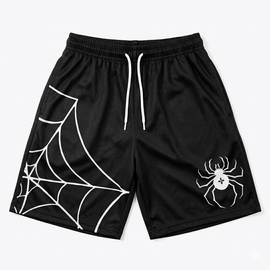 Black shorts with white spider web and spider design on a white background