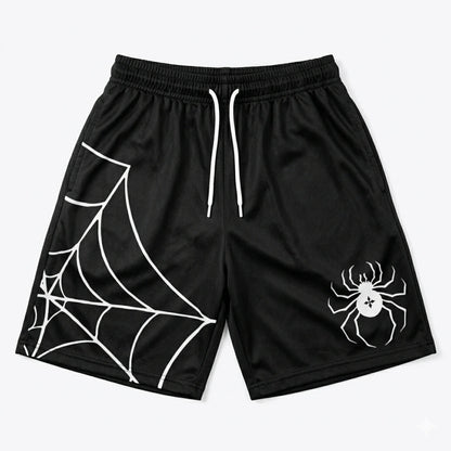 Black shorts with white spider web and spider design on a white background