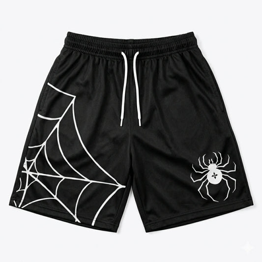 Black shorts with white spider web and spider design on a white background