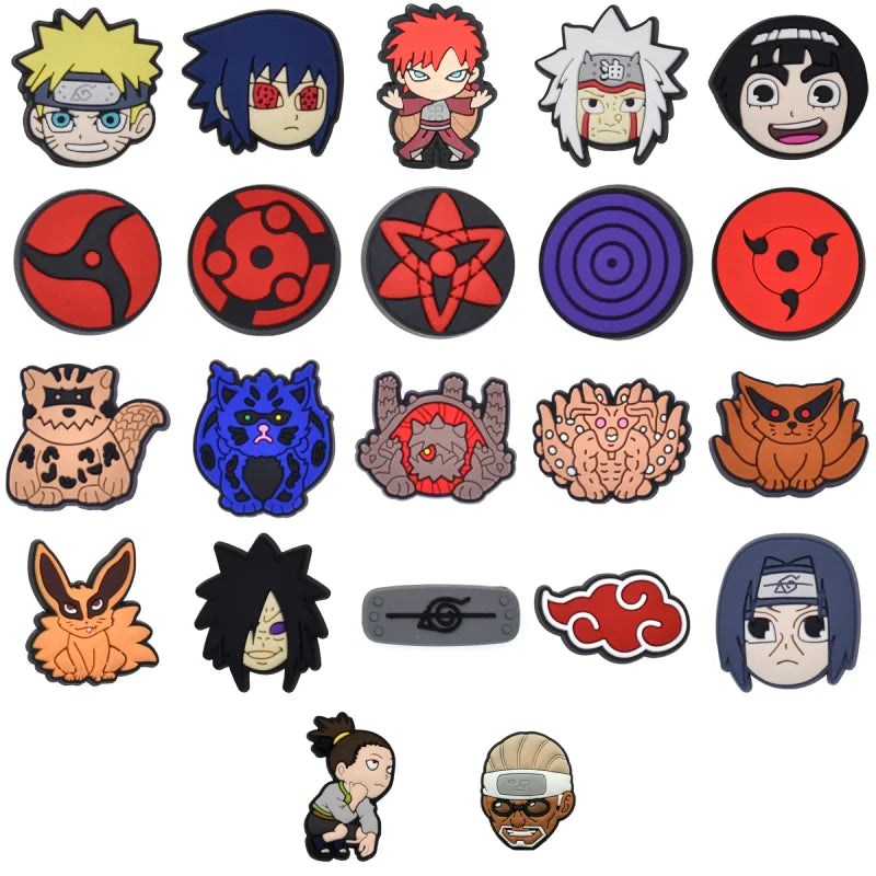 Collection of various anime naruto character charms and symbols on a white background