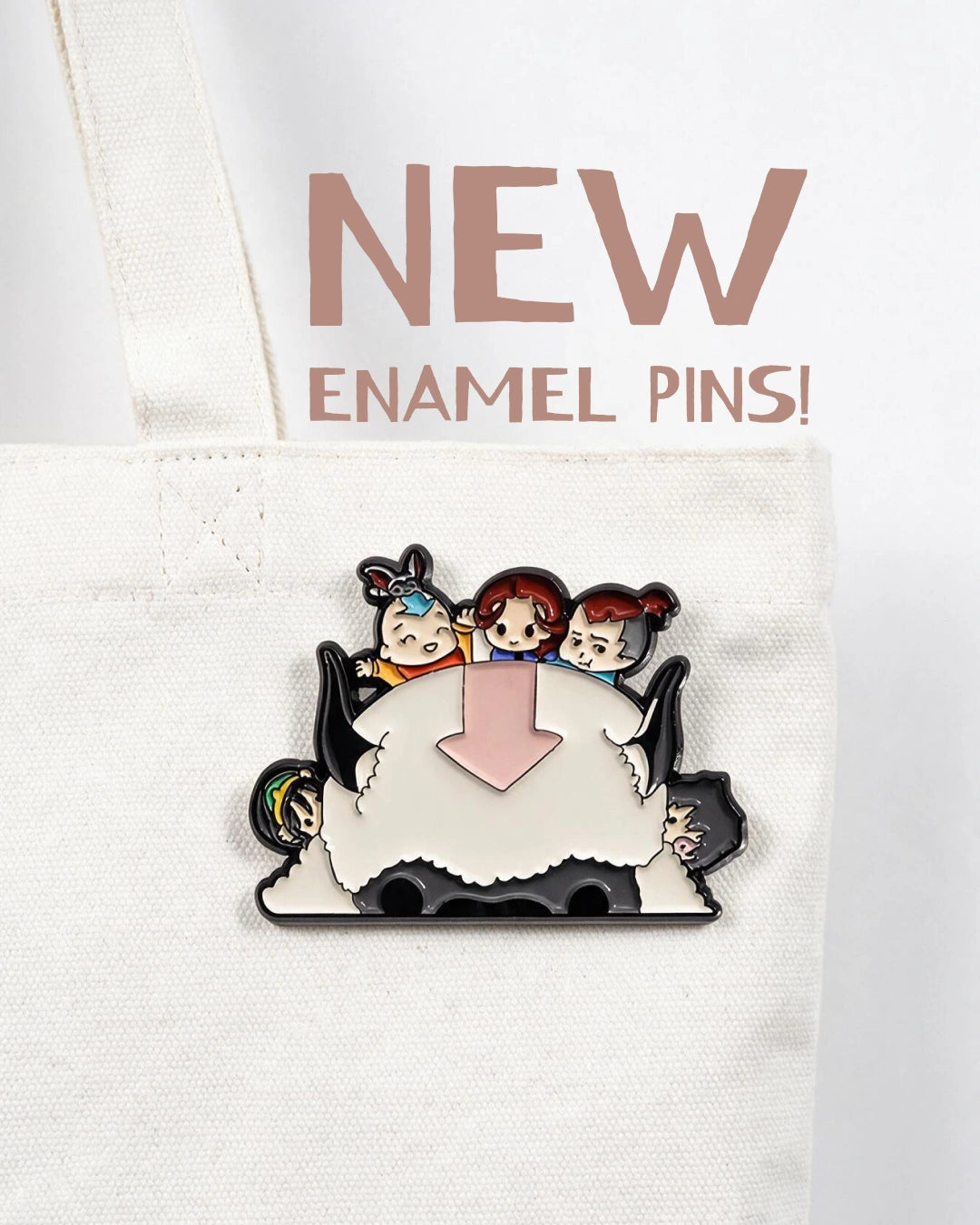 Avatar the last air bender pin with Appa design on a white background, featuring text about product features.