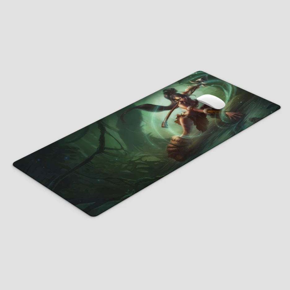 desk mat with a fantasy design of a warrior in a forest on a light gray background