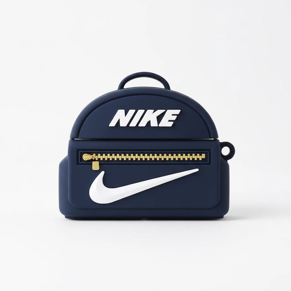 Navy blue Nike backpack with white logo on a light gray background