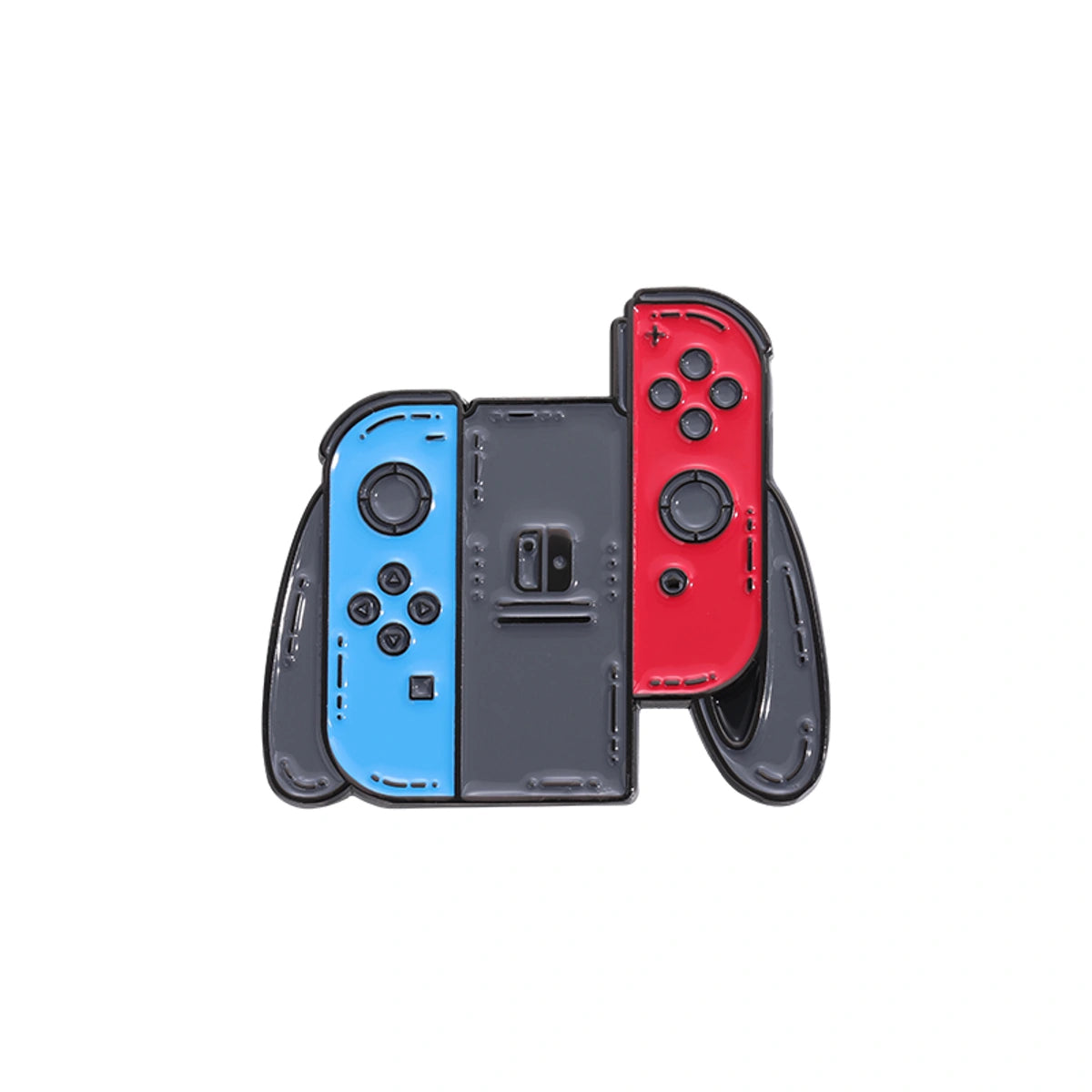 A Nintendo Switch Joy-Con controller accessory set featuring a black central dock with one blue Joy-Con on the left and one red Joy-Con on the right, all shown on a plain white background.