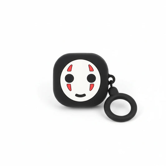 Black air pod case with a white face design featuring black eyes and red accents on a white background