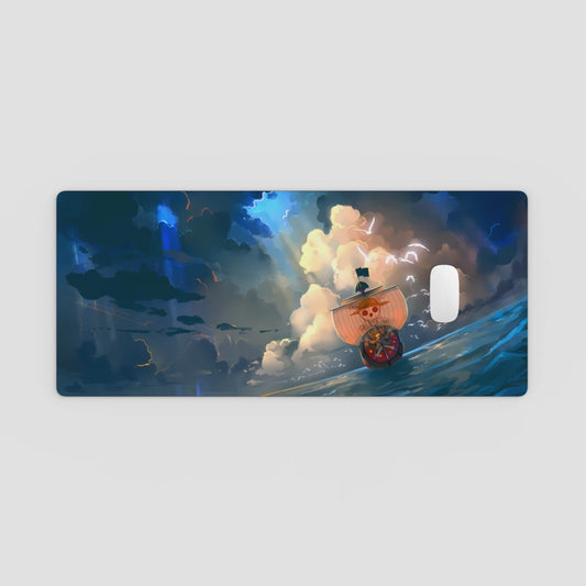 Mouse pad with a ship and stormy sea design on a light gray background