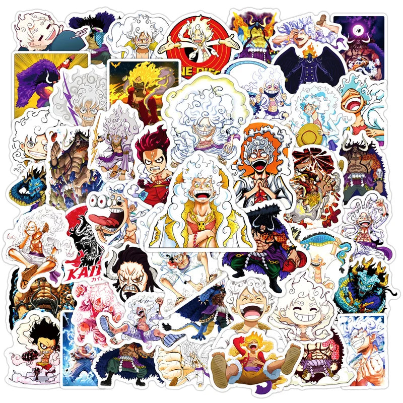 Collection of colorful anime character stickers on a white background