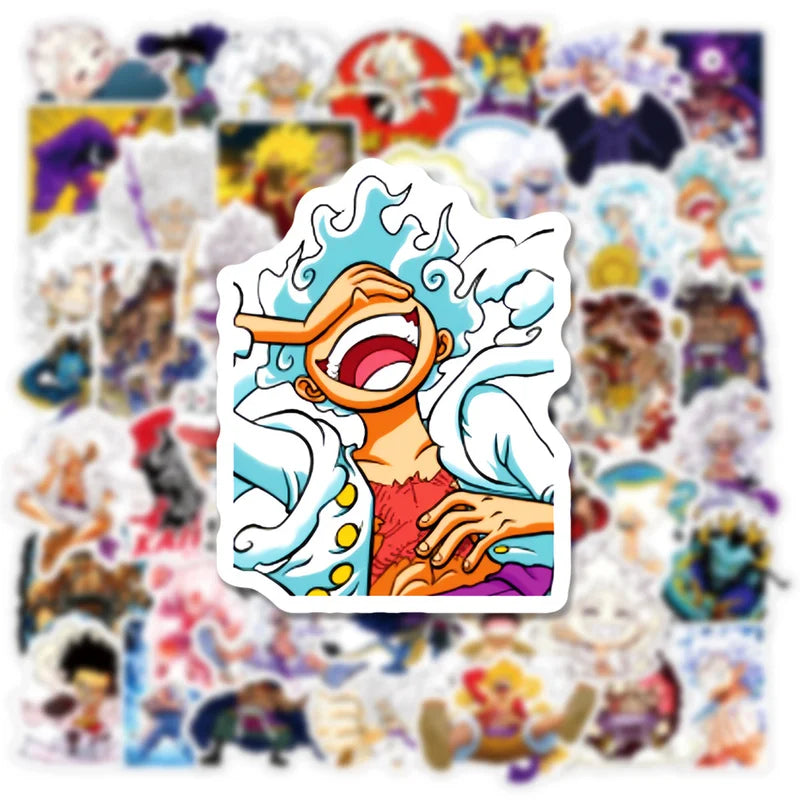 Cartoon character sticker with a colorful design on a blurred background of other stickers.