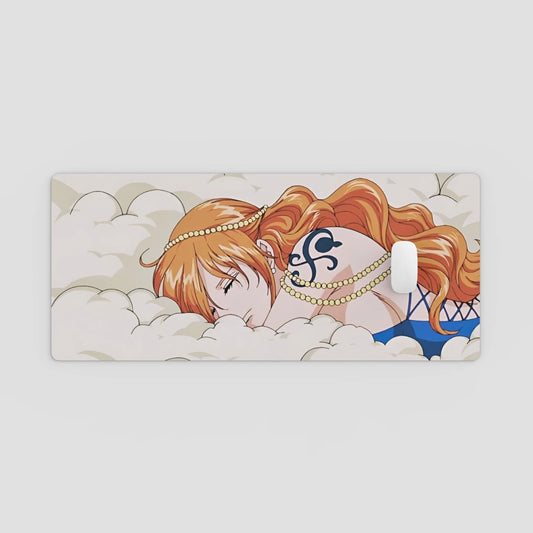 Anime-style character with red hair and a blue dress lying on clouds