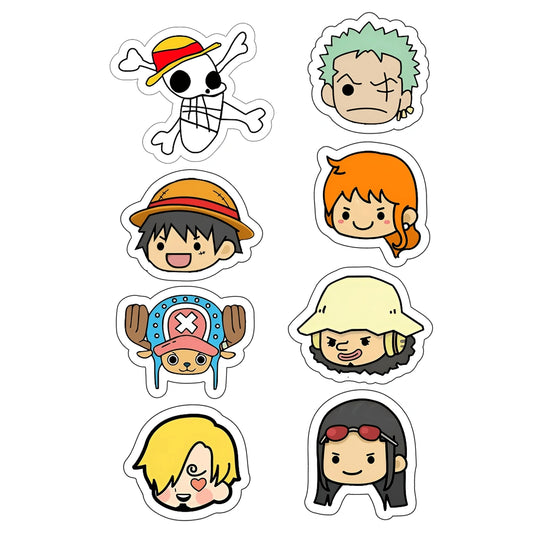 A set of eight cartoon character stickers inspired by One Piece, featuring Luffy, Sanji, Nico Robin, Chopper, Zoro, Brook, Sanji's alternate look, and Nico Robin's alternate look, arranged on a plain white background.