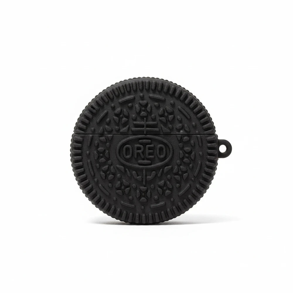 Black Oreo-shaped product on a white background
