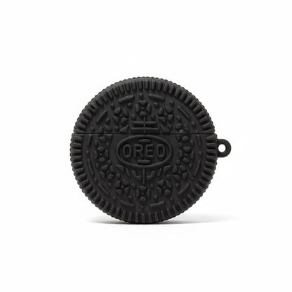 Black Oreo-shaped product on a white background