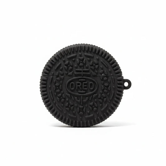 Black Oreo-shaped product on a white background