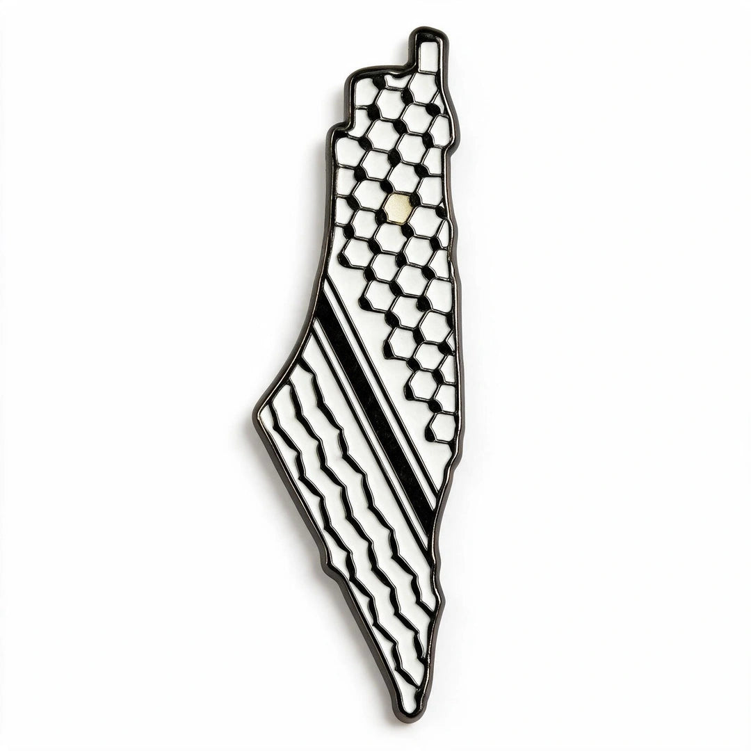 A map-shaped enamel pin of Palestine, featuring a black and white geometric pattern with a honeycomb design on one side and wavy stripes on the other, set against a plain white background.