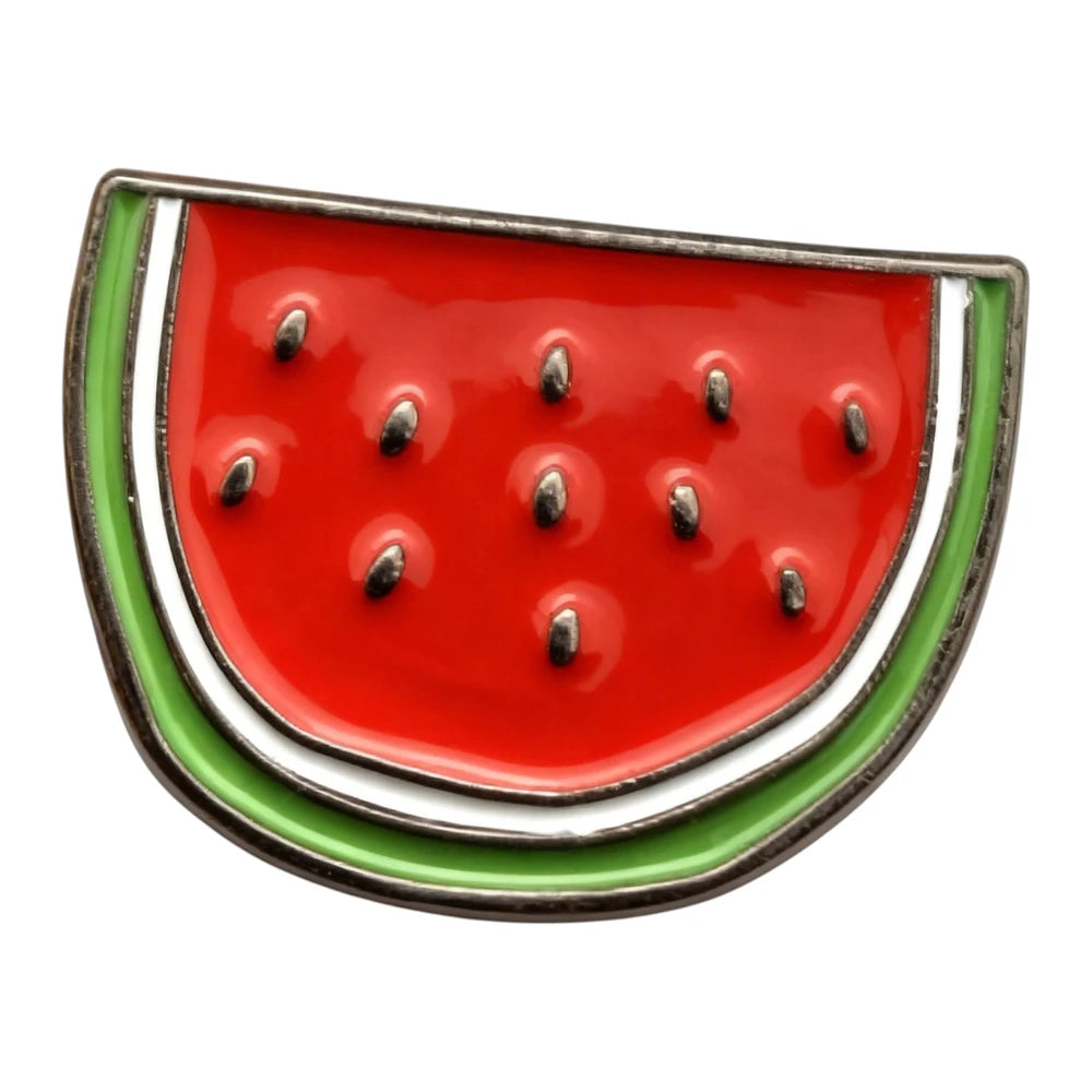 Watermelon slice pin with red, green, and silver accents on a white background