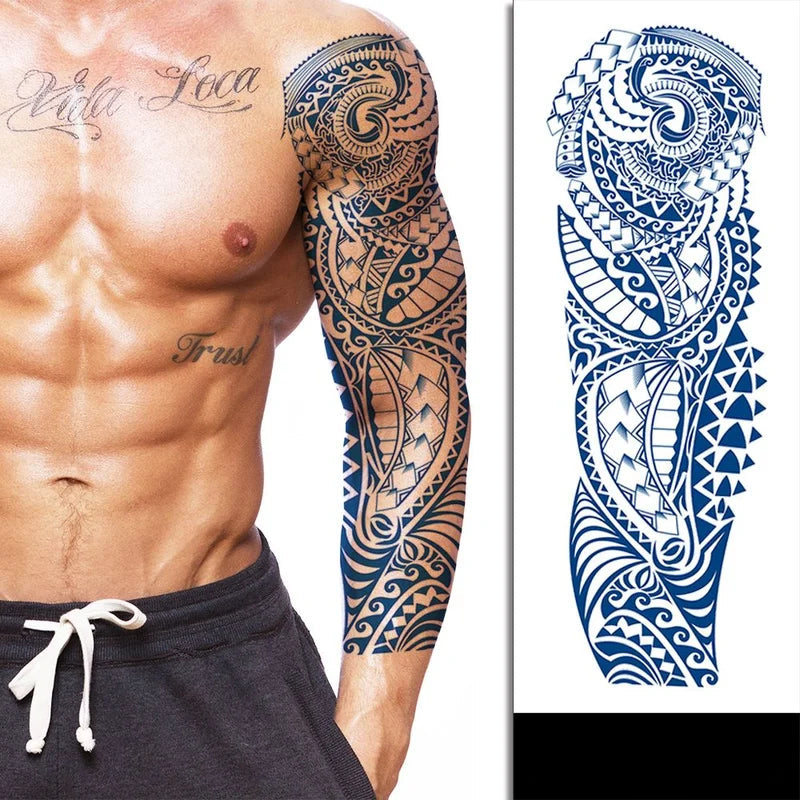 Patterns Arm Sleeve Semi-Permanent Jagua Tattoo on Muscular Model