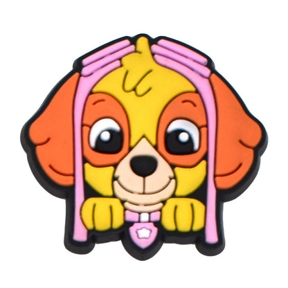 Colorful cartoon dog character with pink hood on a white background