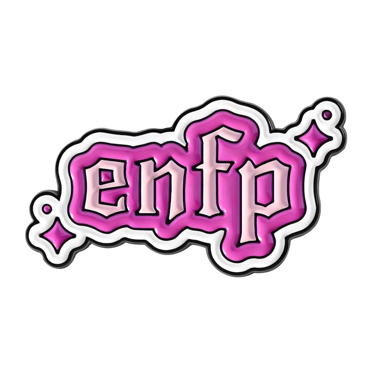 A die-cut sticker featuring the text 'enfp' in a stylized pink and lavender gothic font with a white outline and black shadow, accented by small pink sparkles on a plain white background.