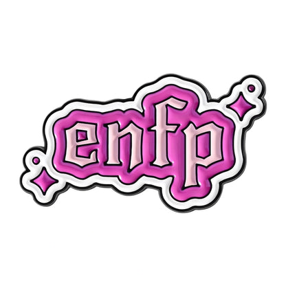 A die-cut sticker featuring the text 'enfp' in a stylized pink and lavender gothic font with a white outline and black shadow, accented by small pink sparkles on a plain white background.