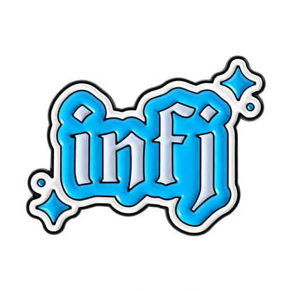 A die-cut sticker featuring the word 'infi' in a stylized gothic font with a bright blue gradient fill, white lettering, and a black outline, accented with small blue sparkles on a plain white background.
