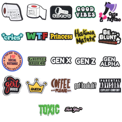 Collection of various stickers with different text designs on a white background