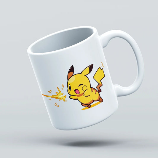 White mug with a Pikachu design on a light gray background