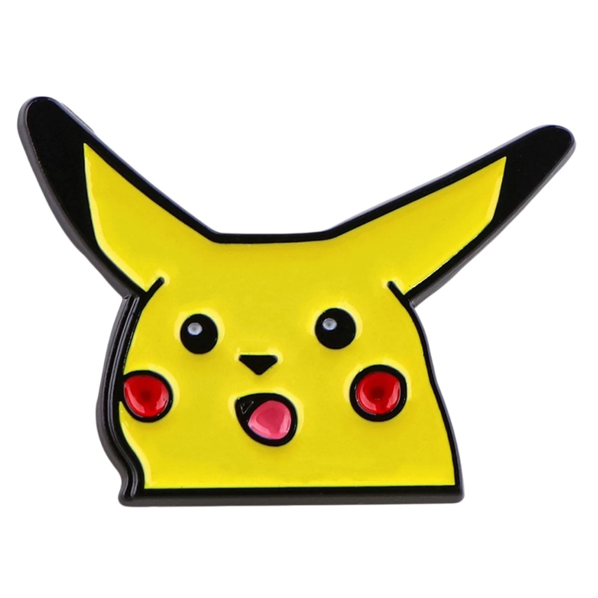 A yellow Pikachu head enamel pin or badge with black outlines, red cheeks, and a pink tongue on a plain white background.