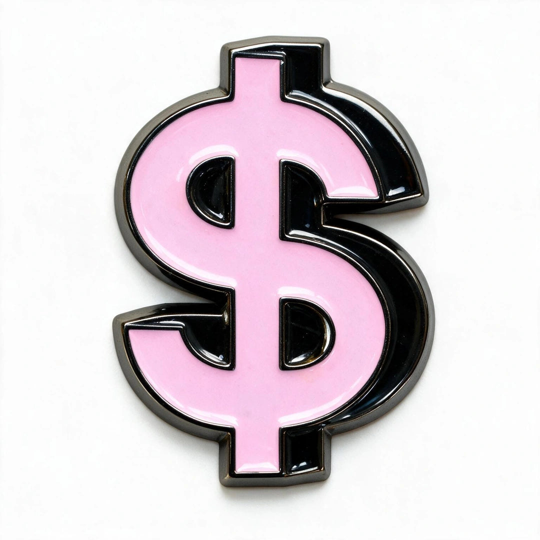 A glossy pink and black dollar sign enamel phone sticker on a clean white background.