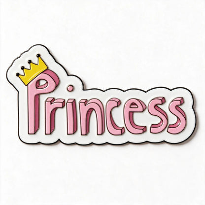 A die-cut enamel phone sticker featuring the word 'Princess' in pink 3D lettering with a gold crown on the letter 'P', all set against a white cloud-like outline on a light background.