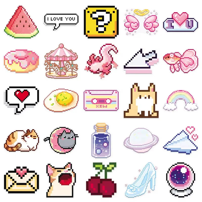 Pixelated Kawaii Die Cut Stickers