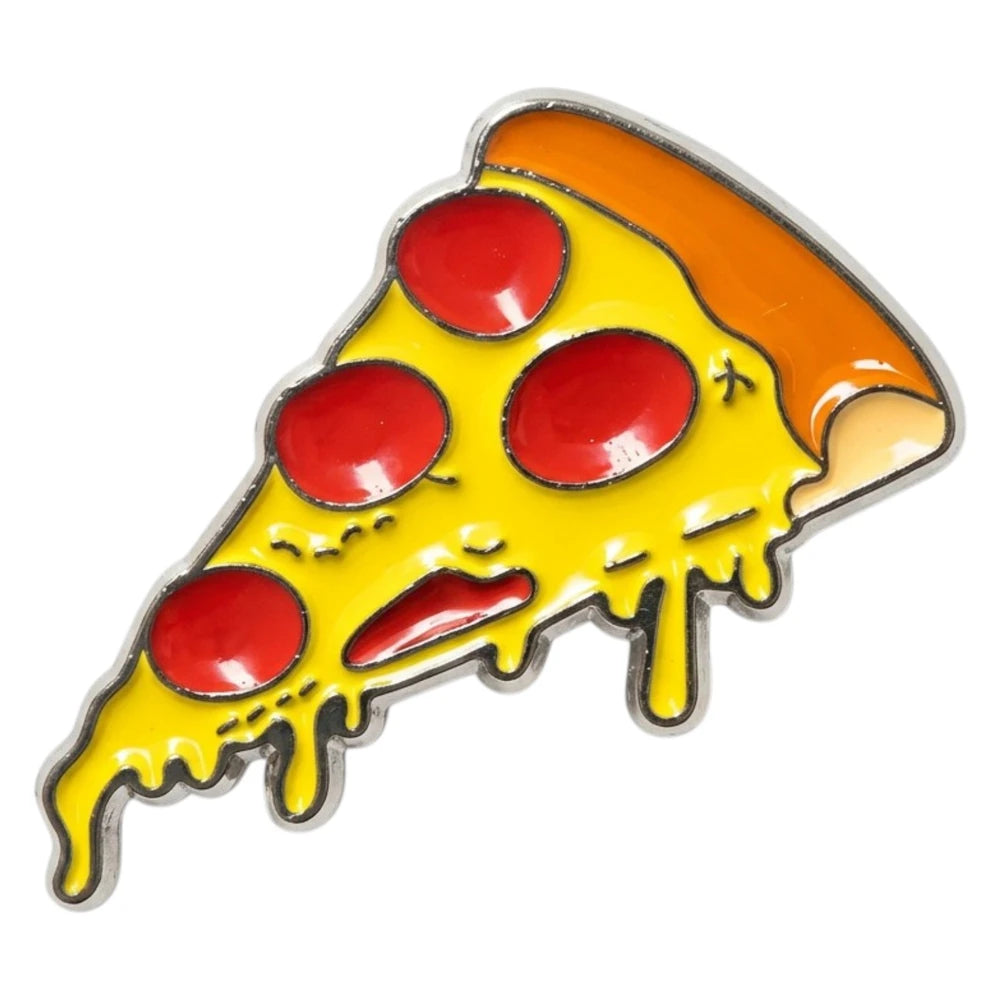 Pizza-shaped enamel pin with pepperoni on a white background